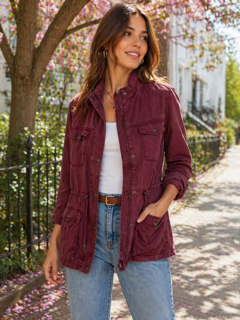 Kismet Burgundy Tencel Utility Jacket XL Lightweight Drawstring Waist
